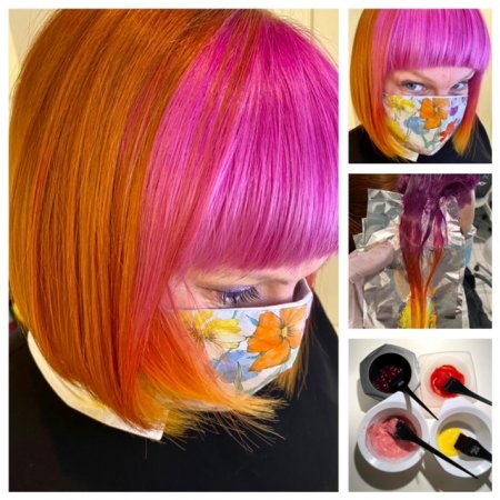A girl with a bob colourred pink and copper at the klinik salon London