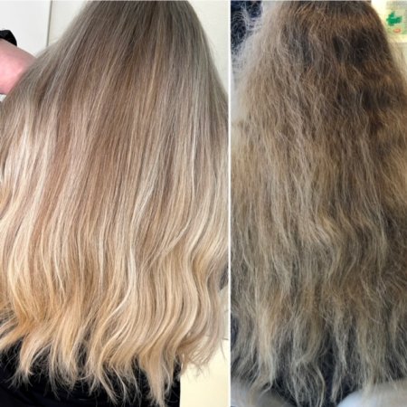 before and after colouring a grey hair at the klinik salon London