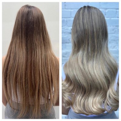 hair colour change from dark blond to a soft ash balayage done by Leyla at the klinik salon