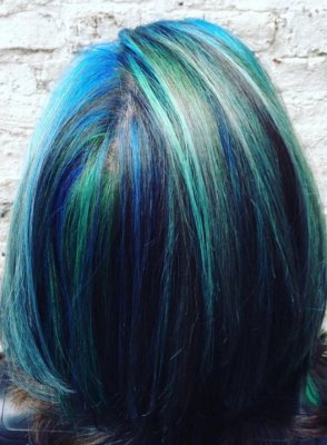 Multicoloured hair in an aqua theme with Manic Panic colours done by Mark at the klinik salonLondon