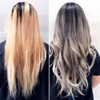 Long warm blonde hair being transformed into a silver grey colour using Wella, Igora royal and Olaplex done by Thea at the klinik hairdressing London.