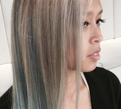 Asian hair going from black to grey with blue tips at the klinik hairdressing London