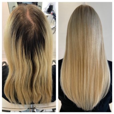 Before and after by Leyla doing blonde roots and fitting extensions