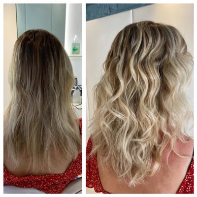 Long blonde hair highlighted and tonged into a beachy finish at the klinik salon London