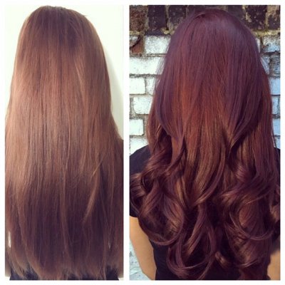 hair being intensified from a dark blonde to rich mahogany colour by Leyla at the klinik hairdressing in London