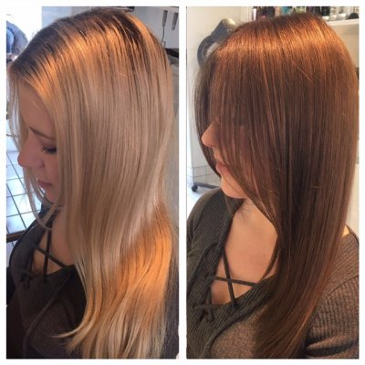 high lighted blond hair being taken back to a soft medium brown by L'oreal. Done by Leyla at the klinik hairdressing EC1R 4QE London