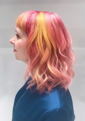 shoulderlength hair coloured pink and yellow by Anna at the klinik hairdressing London 