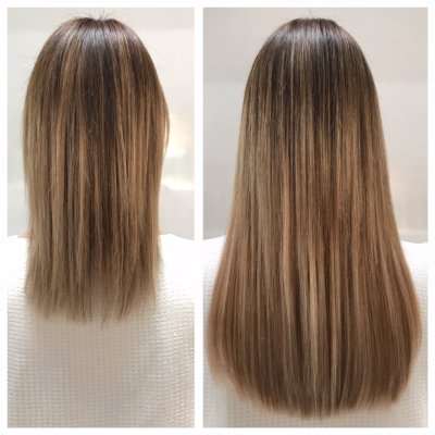 Off the shoulder length hair being lengthened using Easilocks system done by Leyla at the klinik hairdressing London.