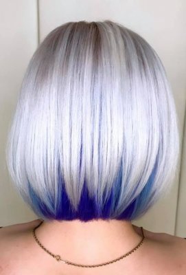 White bob with a blue hidden under colour at the back
