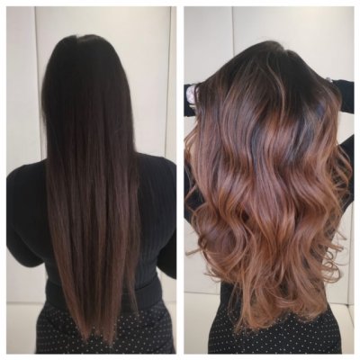Long dark hair before and after done by Corina at the klinik salon London 