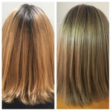 Hair that has been coloured at home with a box dye colour and when she come in to the salon she wanted it to be a more ntural finish in tones by Jenni at the klinik hairdressing London