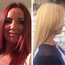 Changing a bright red to blonde hair using Olaplex