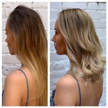 Before and after with a girl with long hair in a blue dress, ending up with a shoulder length blonde hairstyle done by Anna at the klinik salon London