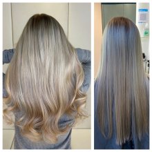 before and after seeing a hairextension transformation done by Leyla at the klinik salon London
